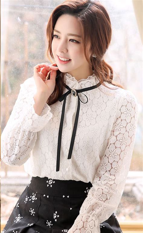 ribbon tie frill neck lace blouse fashion fashion models korean fashion women