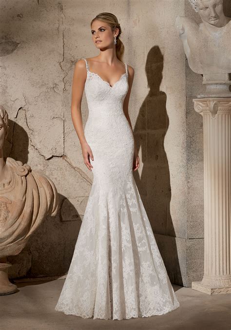 Crop top wedding dress with train silhouette: Elegant Alencon Lace with Crystal Beaded Straps Morilee ...
