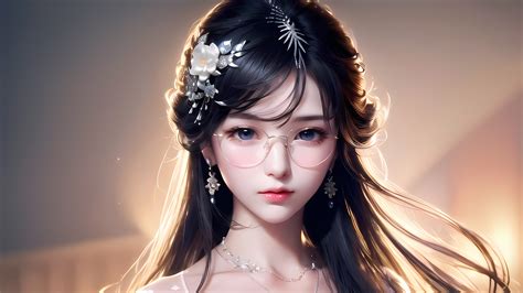 Spectacles Ai Art Earring Asian Women Long Hair Glasses Flower In Hair Looking At Viewer Simple