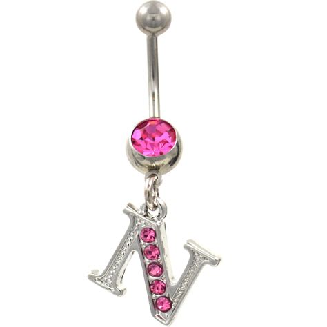 Initial Letter N Pink Gems Belly Button Ring