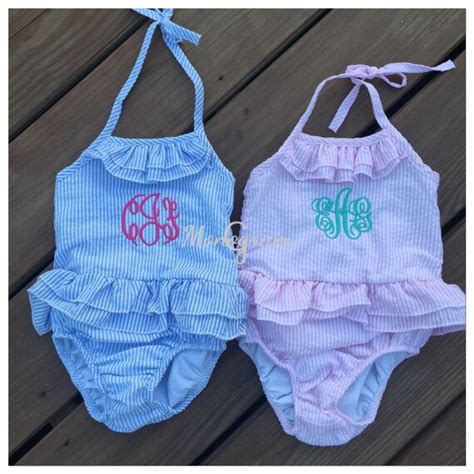 Items Similar To Girls Monogrammed Swimsuit Seersucker Ruffled Baby