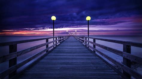 Purple Wooden Bridge During Purple Sunset Hd Purple Wallpapers Hd
