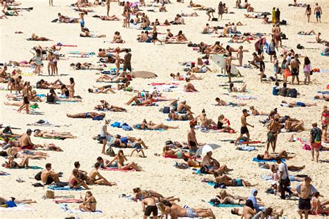 Bondi Beach With Swimmers And Sunbathers Enjoying The Summer Bondi