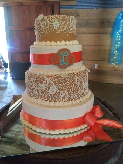 Coral Turquoise And Tan Wedding Cake Turquoisecoralweddings Coral