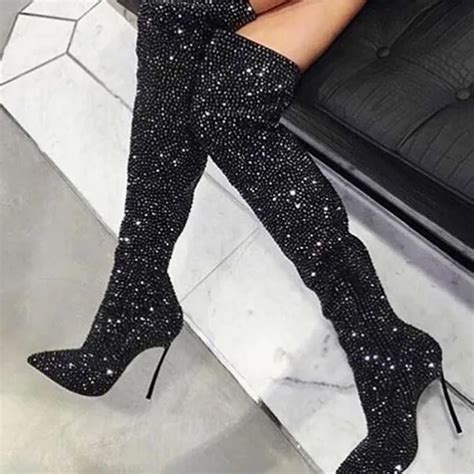 Sexy Black Rhinestone Full Drilled Thigh High Boots Metallic High Heels Ladies Pointed Toe Over