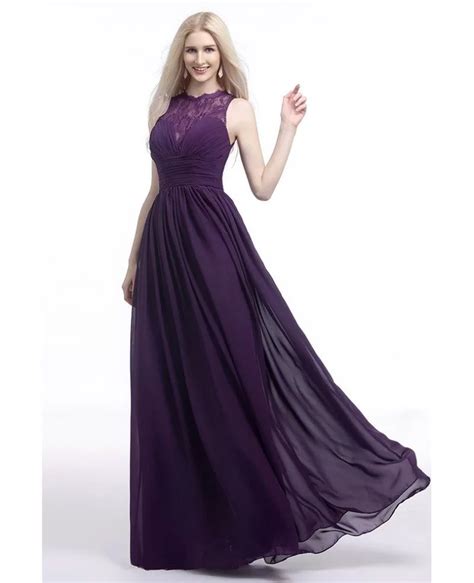 Flowy Chiffon Purple Prom Dress Long With Lace Sheer Top H