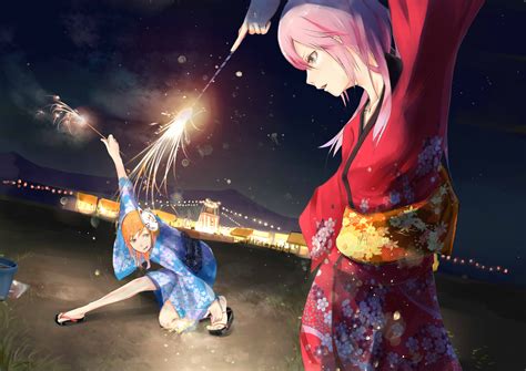 3508x2480 Girl Festival Yukata Night Fireworks Wallpaper