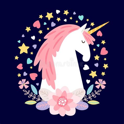 Vector Cartoon Character Unicorn With Flowers Hearts And Stars Stock