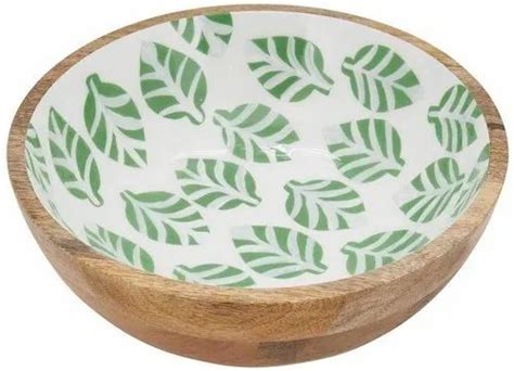 Mango Wood Serving Bowl With Green Leaves Enamel At Rs 500piece