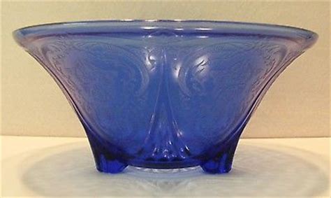 Hazel Royal Lace Cobalt Blue Depression Glass Footed Bowl Etched