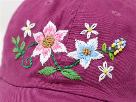 Cotton Baseball Cap Hand Embroidered Flower Hat Curved Brim Etsy