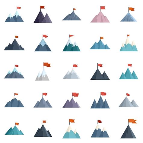 Premium Vector Flag On Mountain Icons Set Flat Vector Career Goal