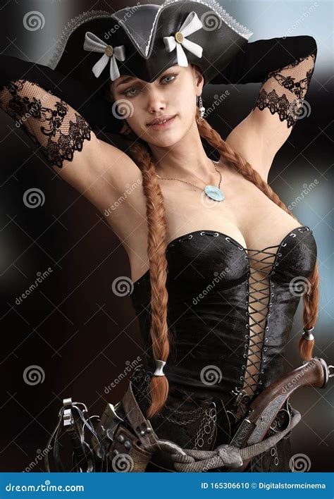 pirate female posing with a cutlass sword and pistol on a gradient background royalty free