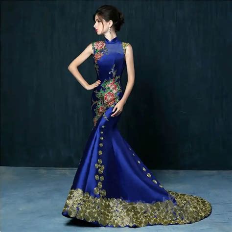 2016 luxury royal blue embroidery tailing evening dress bride wedding qipao cheongsam chinese
