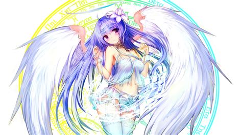 Wallpaper Drawing Illustration Long Hair Anime Girls Wings Angel Purple Hair Line Art