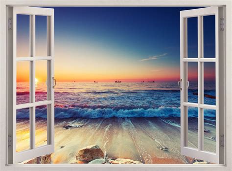 Beach Shore Sunset 3d Window Removable Decal Home Decor Mural Wall