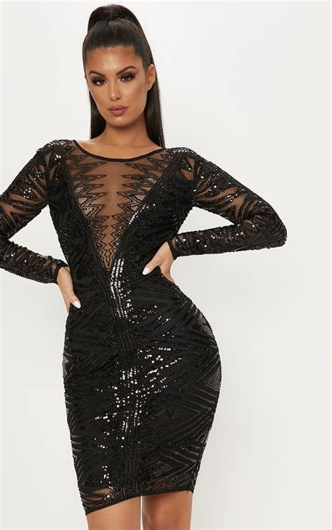 Black Sequin Long Sleeve Midi Dress Dresses Prettylittlething Ca