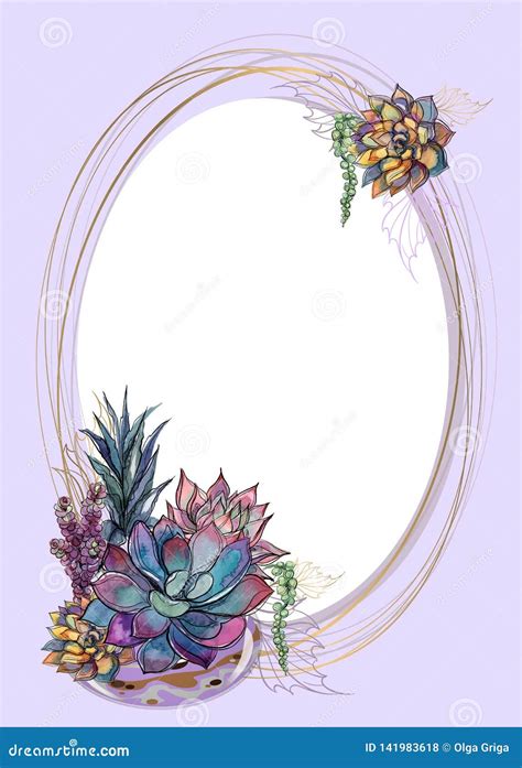 Oval Gold Frame With Succulents Vector Illustration Stock Vector
