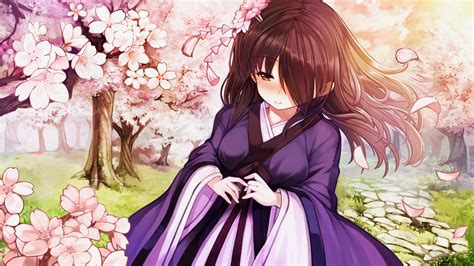 Wallpaper Shy Expression Kimono Brown Hair Anime Girl Sakura