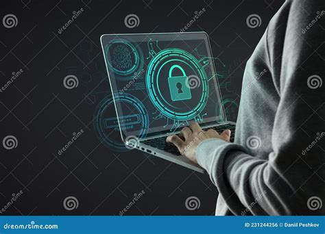 Hacker Hand Using Laptop With Creative Glowing Blue Digital Padlock