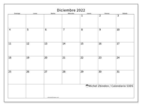 Calendarios Diciembre 2022 “domingo Sábado” Michel Zbinden Es
