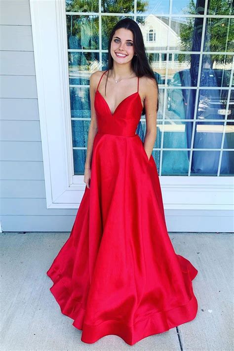 Elegant V Neck Straps Red Long Prom Dress With Pockets Prom Dresses