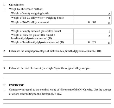 Solved I 1 Calculation Weigh By Difference Method Weight