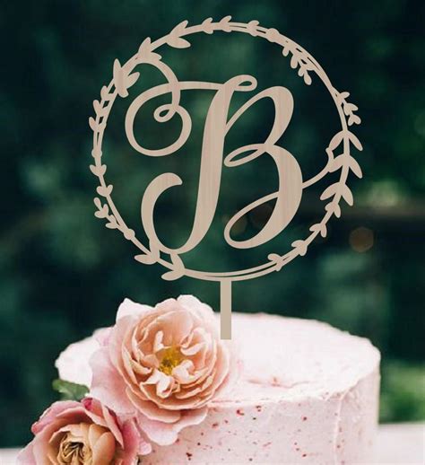Wedding Cake Topper Wreath Initial Wood Monogram Wedding Cake Topper