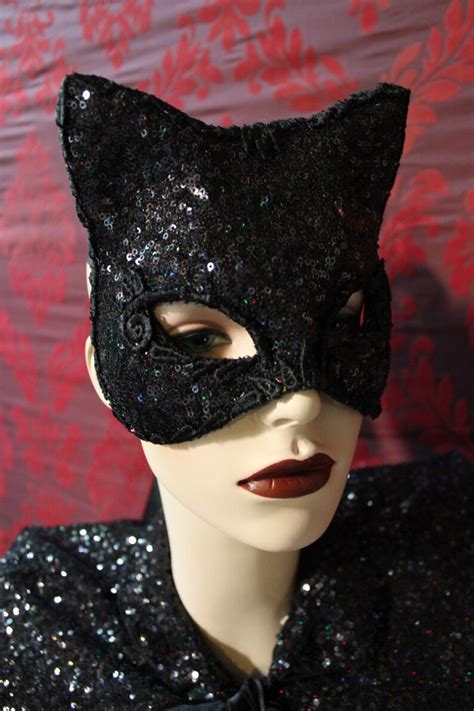 Midnight Kitty Black Sequined Kitty Cat Mask With Silk Lace Etsy