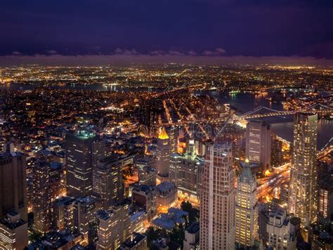 New York City Skyscrapers At Night Stock Image Image Of Lights Busy