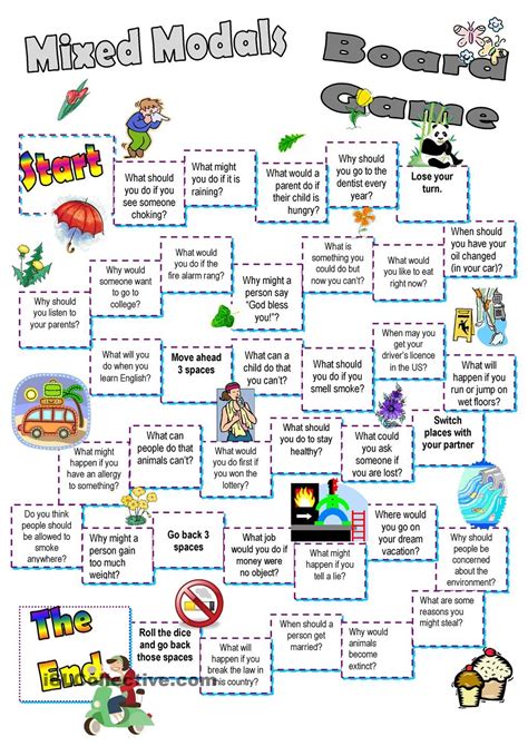 Modal verbs can be used to express lack of obligation too. Mixed Modals Board Game | Board games, English teaching ...