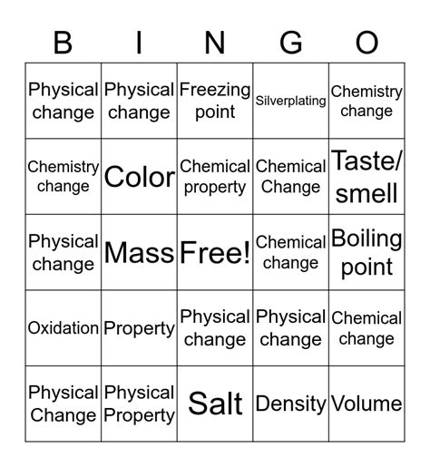 Physical Chemical Properties Bingo Card