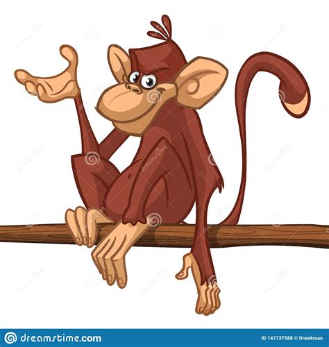Cartoon Monkey Chimpanzee Sitting On The Tree Branch Stock