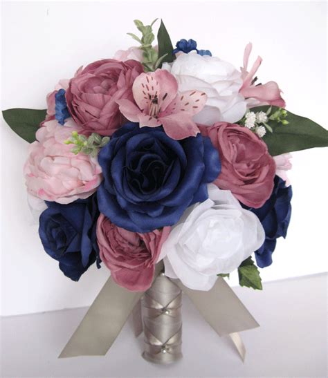 Mauve Navy Blue With A Touch Of Silver Wedding Bridal Bouquets