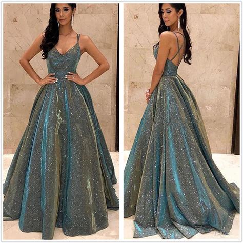 shiny sequins lace long prom dresses 2020 spaghetti strap cross back a line formal evening party