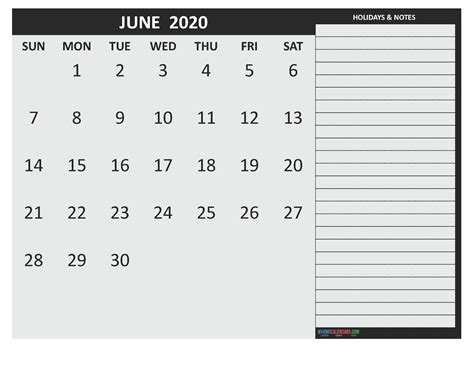 June 2020 Calendar With Holidays Free Printable