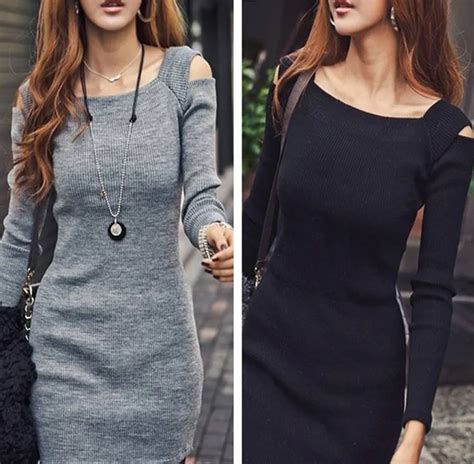 Women Sexy Long Sleeve Bodycon Sweater Knitted Dress Female Pullover Autumn Winter Dresses Black