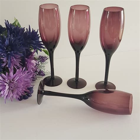 Set Of 4 Deep Purple Champagne Flutes Vintage Glass Barware All Purple Stemware Purple Glassware
