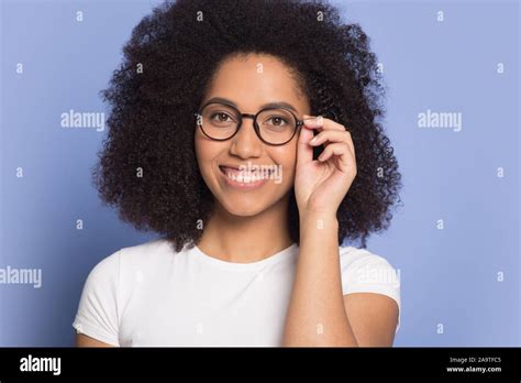 Head Shot Portrait Smiling African American Girl Wearing Glasses Stock