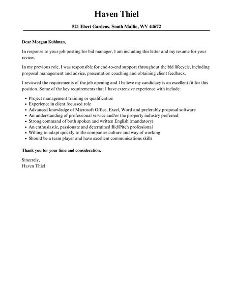 Bid Manager Cover Letter | Velvet Jobs