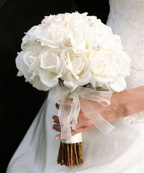 Sparkling Bridal Bouquet White Roses With Rhinestone