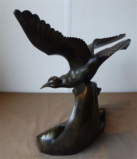 Figurine Art Deco Bronzen Sculptuur Vogel Op De Golven Bronze