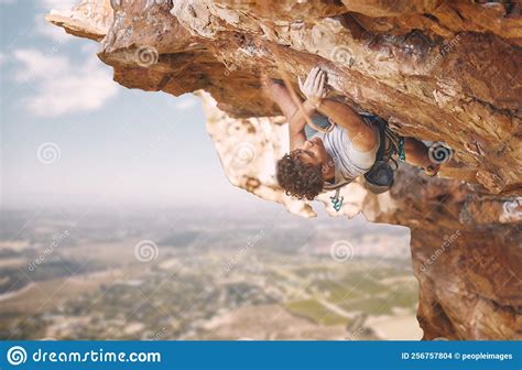 Rock Climbing Sports And Man On Mountain Cliff For Outdoor Fitness