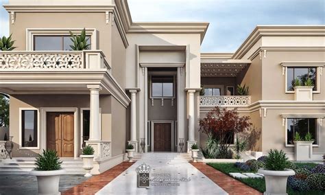 Mirror image double layered walls mark a boundary at either end of the linear form, and support a sharp roof terrace design. classic villa - new classic villa | Facade house, House ...