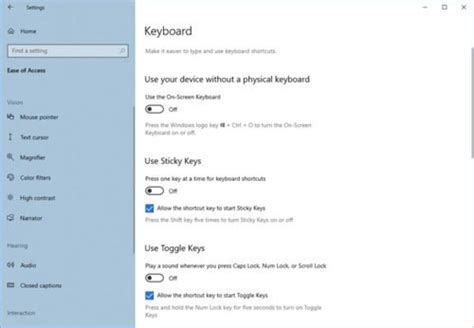 Ease Of Access Keyboard Settings On Windows 10