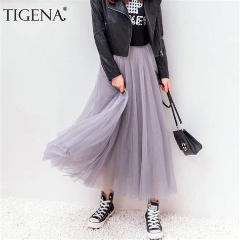 TIGENA Tulle Skirts Womens 2018 Summer Long Maxi Skirt Female Elastic