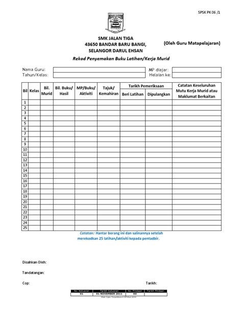 Hanya borang keberhasilan sahaja yang perlu dibuat kerana sumber rujukan pbppp untuk guru adalah buku rekod pengajaran dan pembelajaran. BORANG PK 06 1 Rekod Semakan Kerja Murid (EDIT)