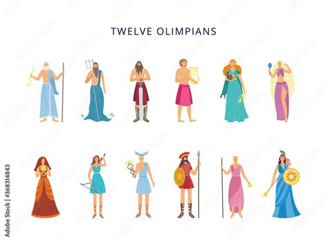 Twelve Olympians Of Greek Gods And Goddesses Flat Vector Illustration