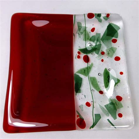 Christmas Fused Glass Candle Dish Or Plate In Green Holly And