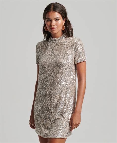 Womens High Neck Sequin T Shirt Dress In Silver Superdry